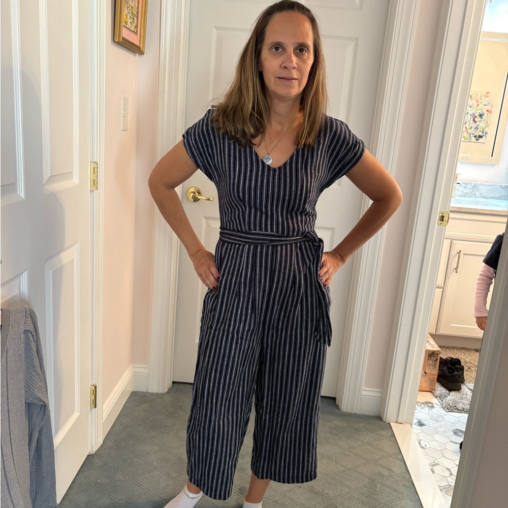 Ann Taylor Factory Navy and White Striped Jumpsuit
